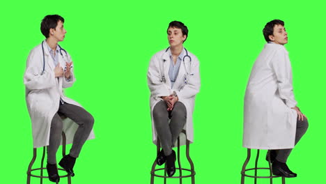 General-practitioner-acting-impatient-sitting-on-a-chair-against-greenscreen